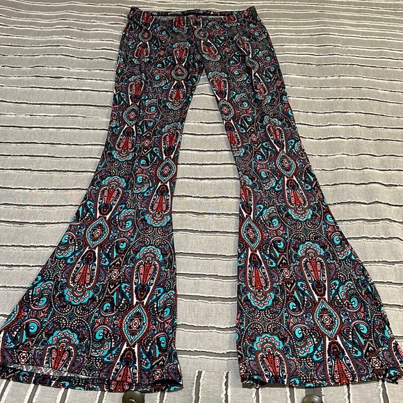 Junior size large printed bell bottom flare pants. Elastic waist band - Picture 1 of 7